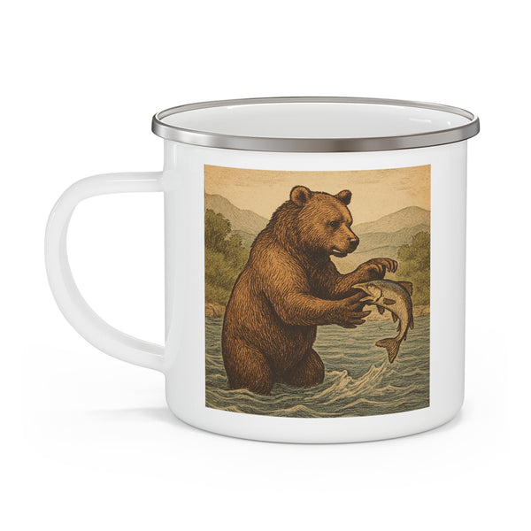 Vintage Bear in Stream Enamel Camping Mug , 12oz