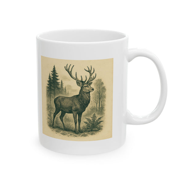White Ceramic Coffee Mug with Deer & Fern Design, 11oz