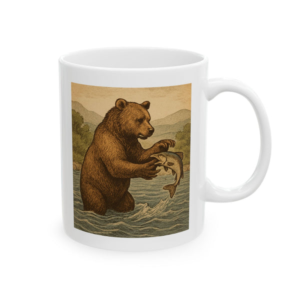 White Ceramic Coffee Mug with Vintage Bear Catching Fish Design, 11oz