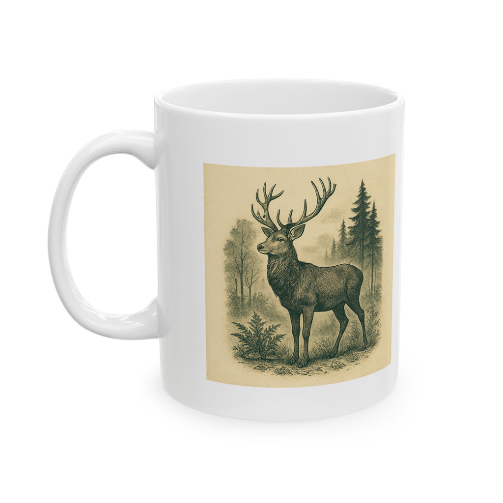 White Ceramic Coffee Mug with Deer & Fern Design, 11oz