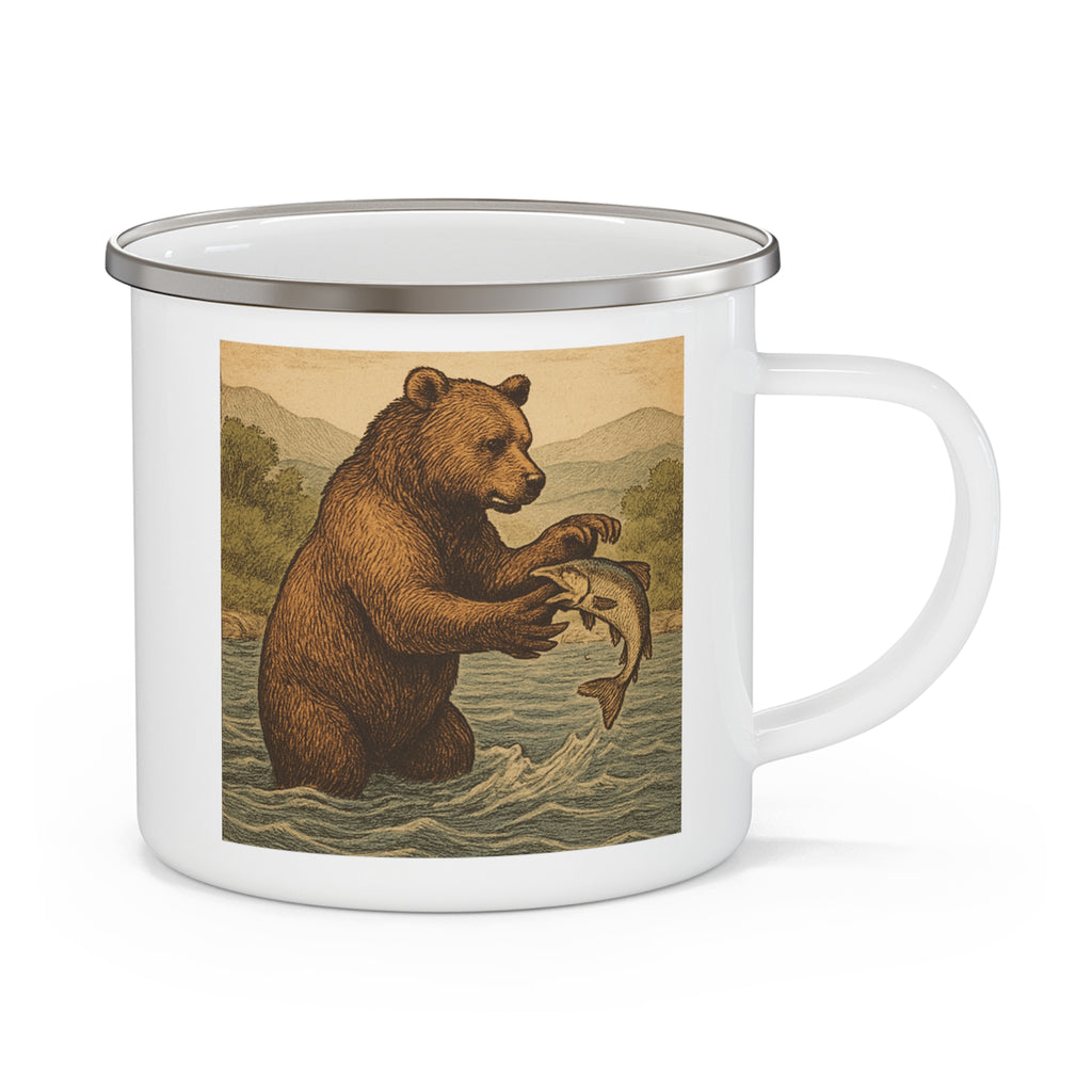 Vintage Bear in Stream Enamel Camping Mug , 12oz