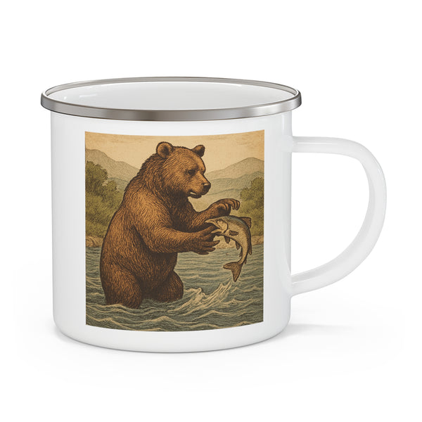 Vintage Bear in Stream Enamel Camping Mug , 12oz