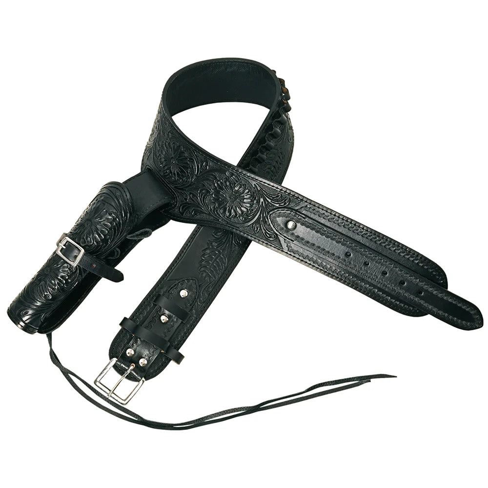Western Tooled Leather Right Hand Gun Holster Rig 38 Caliber - Black