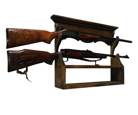 Rustic Wooden Gun Rack 2 Place Rifle Shotgun Wall Display - Ammo Storage