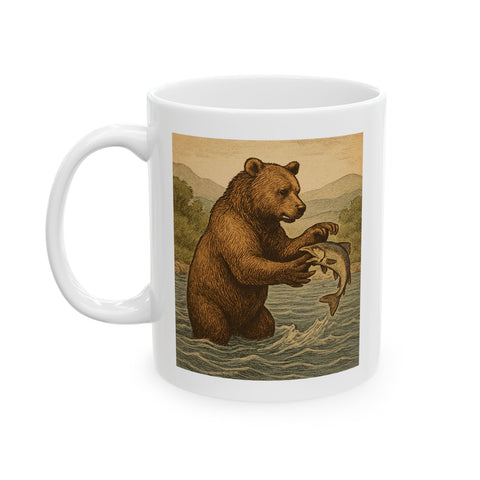 White Ceramic Coffee Mug with Vintage Bear Catching Fish Design, 11oz