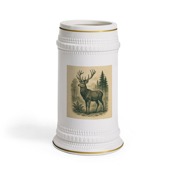 Ceramic Beer Stein with Vintage Deer in Forest , 22oz