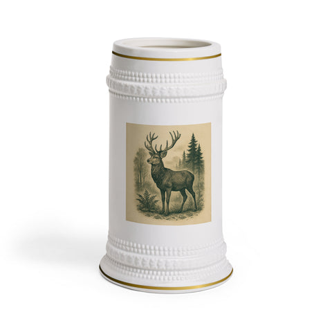 Ceramic Beer Stein with Vintage Deer in Forest , 22oz