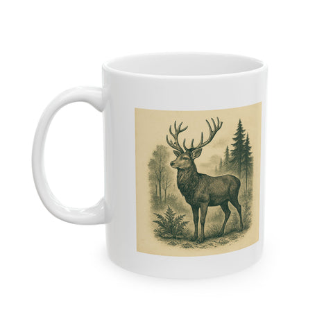 White Ceramic Coffee Mug with Deer & Fern Design, 11oz