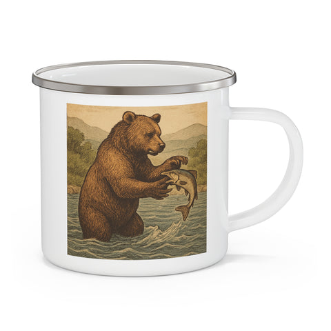 Vintage Bear in Stream Enamel Camping Mug , 12oz