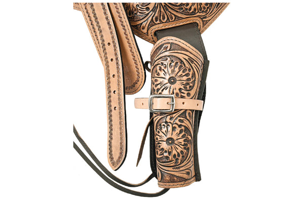 Western Tooled Double Leather Gun Holster .44/.45 Caliber - Dark Brown