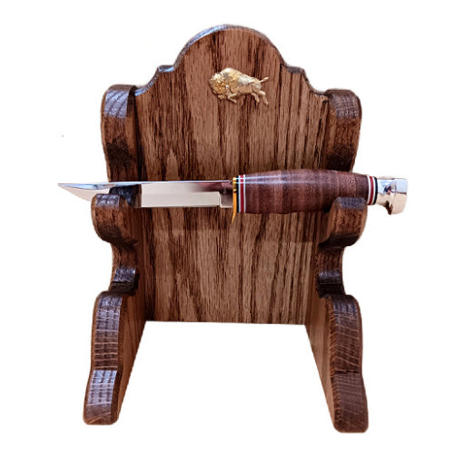 Oak Two Place Wooden Knife Stand Display With Brass Buffalo Accent - Choice of Finish