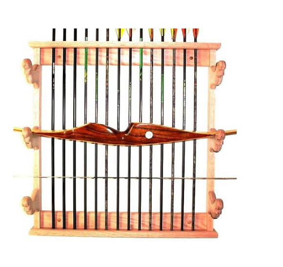 Oak Wooden Bow Rack & Arrows 3 Place Compound Recurve Wall Display