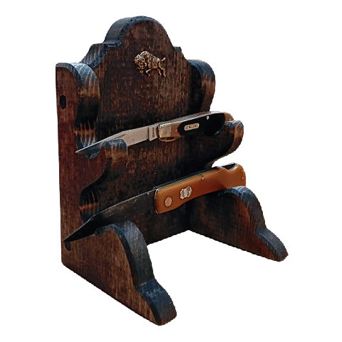 Rustic Two Place Wooden Knife Stand Display With Brass Buffalo Accent