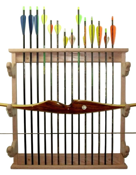 Oak Wooden Bow Rack & Arrows 3 Place Compound Recurve Wall Display