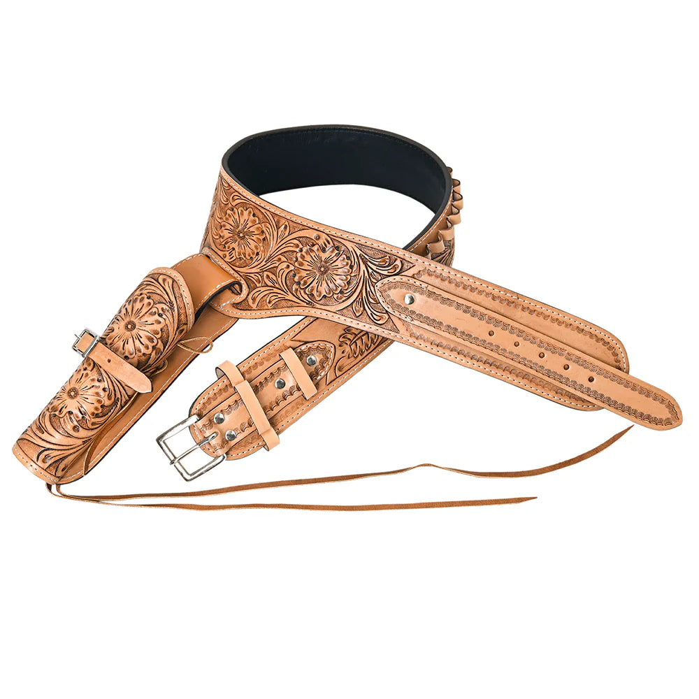 Western Tooled Leather Right Hand Gun Holster Rig 44/45 Caliber - Tan