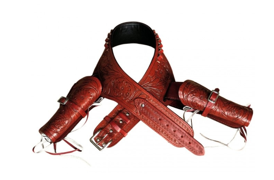 Western Tooled Double Leather Gun Holster .44/.45 Caliber - Burgundy