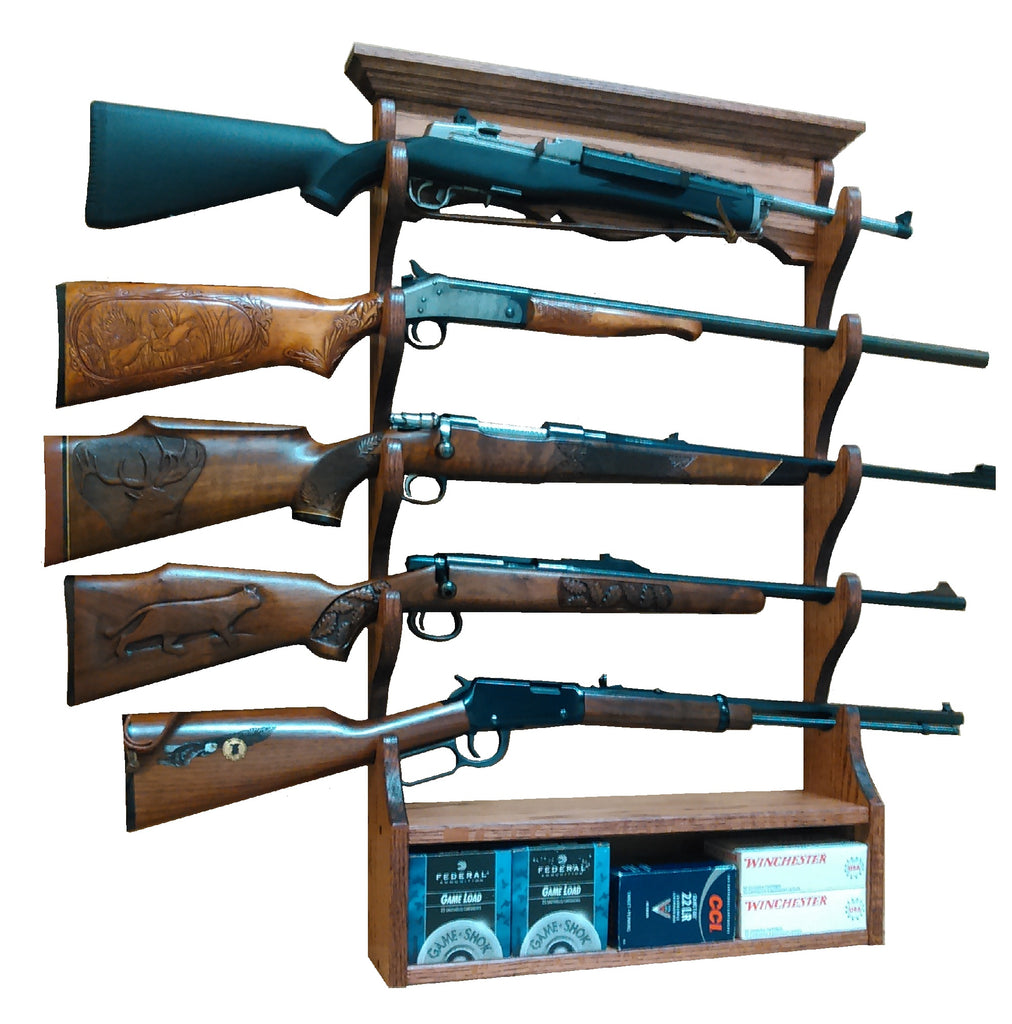 Oak Wooden Gun Rack 5 Place Rifle Shotgun Wall Display - Ammo Storage – Gun  Racks For Less