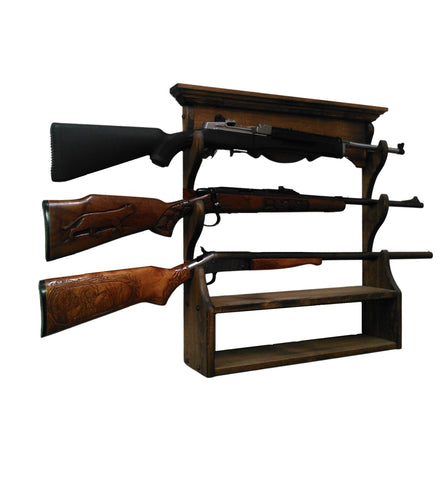 Rustic Wooden Gun Rack 3 Place Rifle Shotgun Wall Display - Ammo Storage