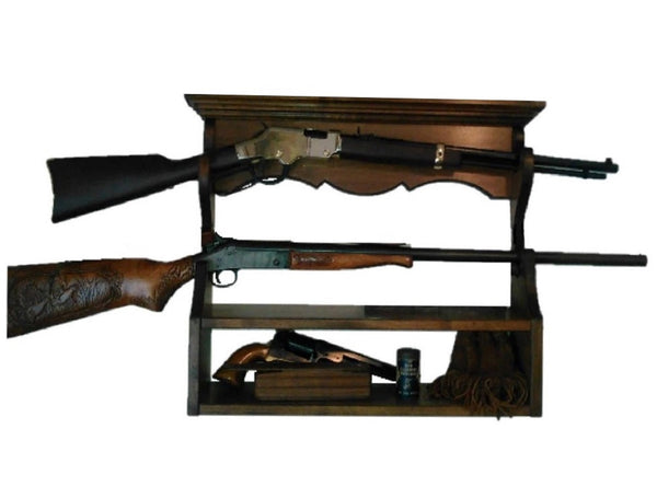 Walnut Wooden Gun Rack 2 Place Rifle Shotgun Wall Display with Ammo St ...