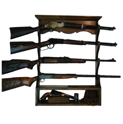 Walnut Wooden Gun Rack 4 Place Rifle Shotgun Wall Display - Ammo Storage